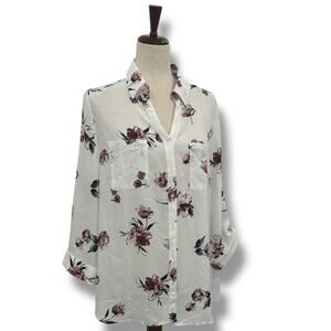 NEW Macy's BCX White Floral Collared Shirt Size XL Semi Sheer Button Up Blouse